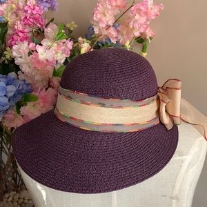 Wide brim straw sun hat with ribbon, EUC